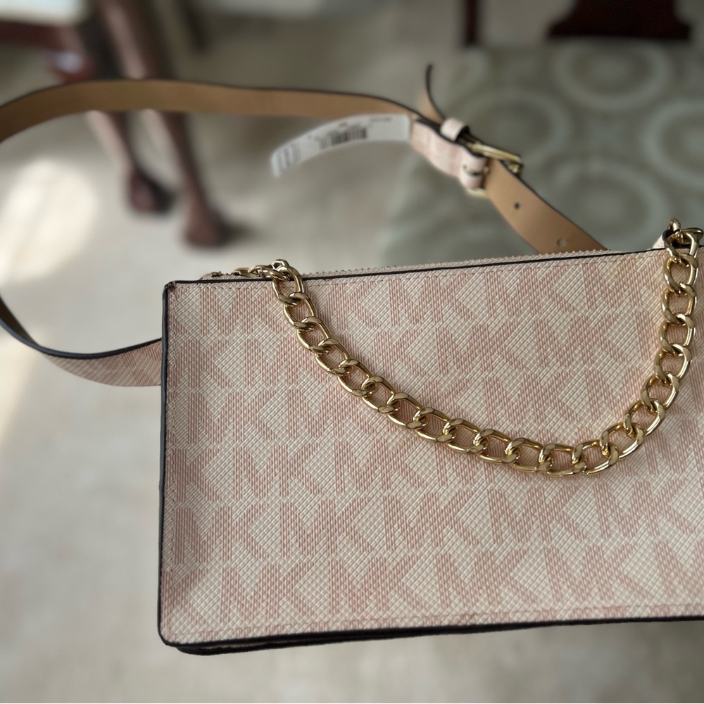 Michael Kors Monogram Nude Pink Leather Fanny Pack Belt with Gold Chain Zipper - Picture 2 of 9